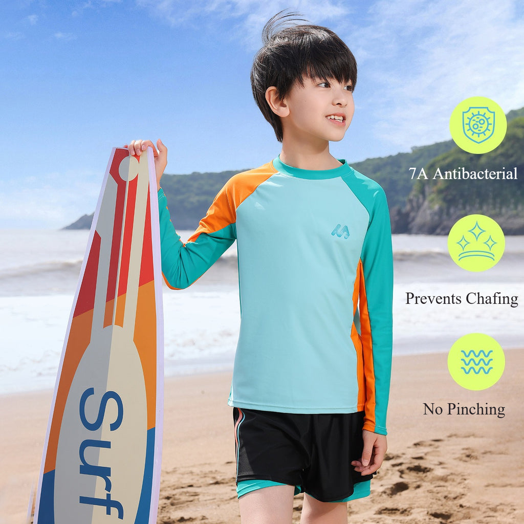 Contrast Color Kids Rash Guard, UPF50+ Antibacterial Swimsuit