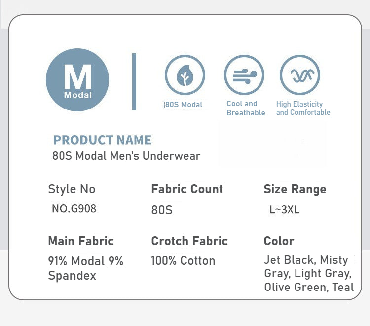 Men's Lenzing Modal underwear 7A pure cotton bacteriostatic crotch, breathable at mid-waist, flat-angle design