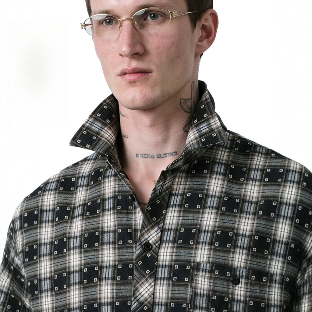 Lightweight plaid long-sleeve shirt-jacket with a small stand collar