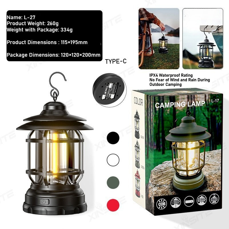 Portable Handheld Multi-Functional LED Camping Lantern - Outdoor Tent, Type-C Rechargeable Vintage