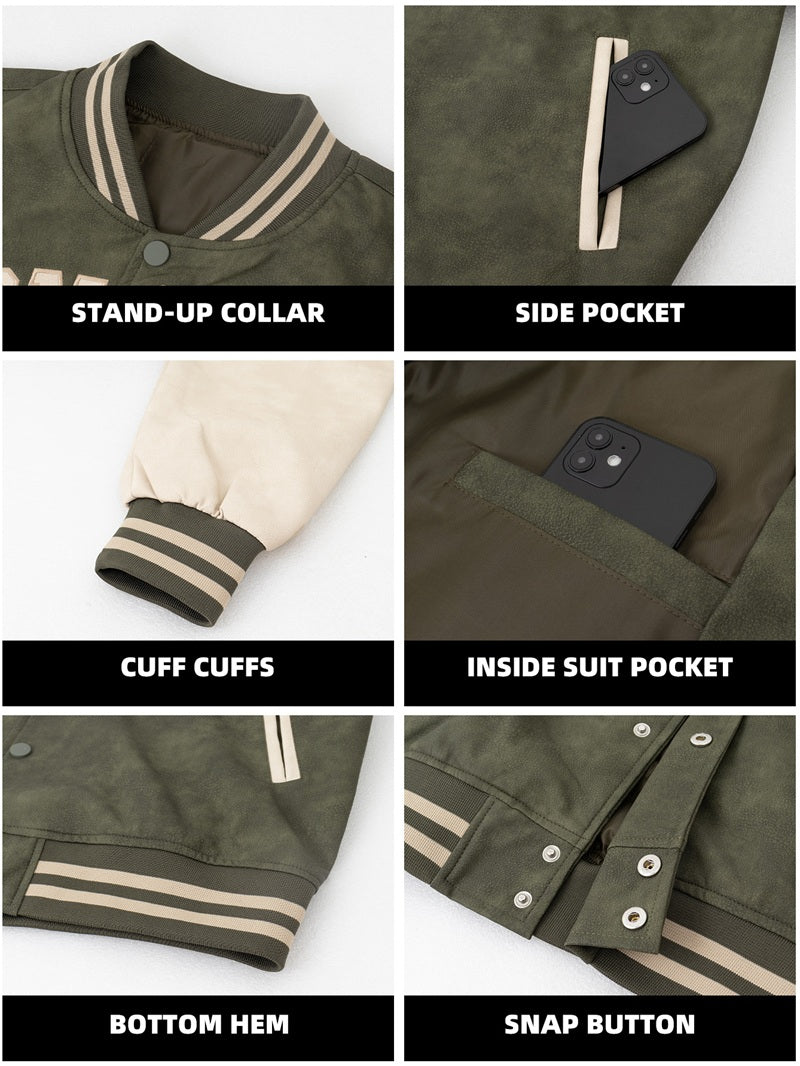 Autumn and winter men's vintage leather jacket, tie-dye embroidered aviator baseball jacket