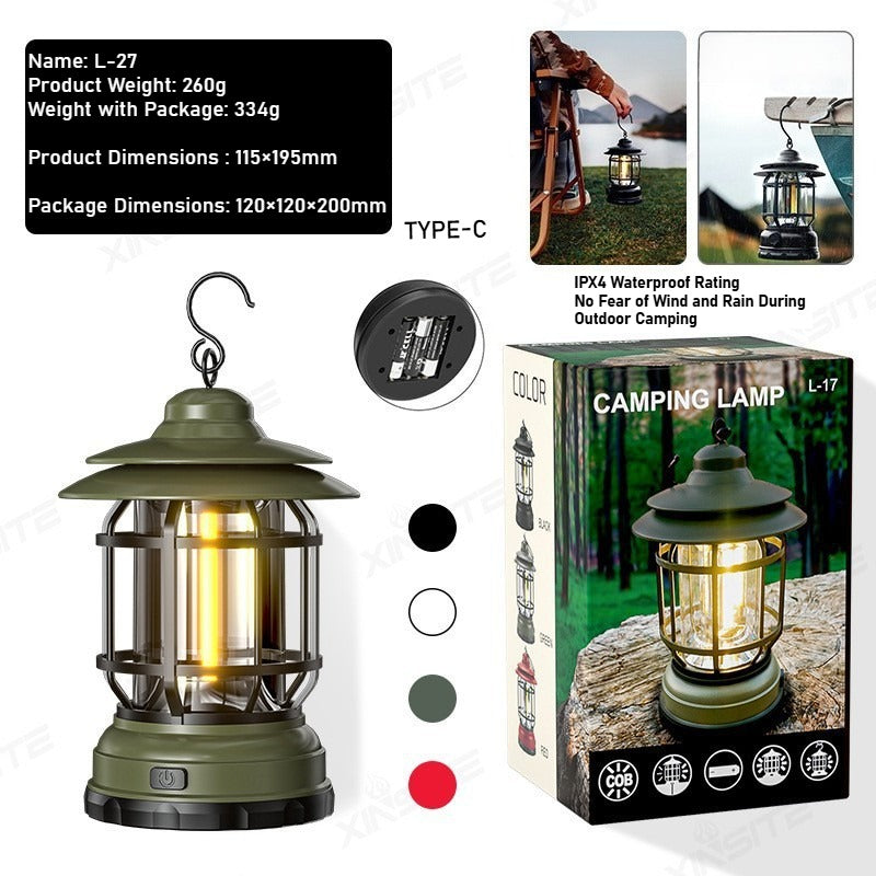Portable Handheld Multi-Functional LED Camping Lantern - Outdoor Tent, Type-C Rechargeable Vintage