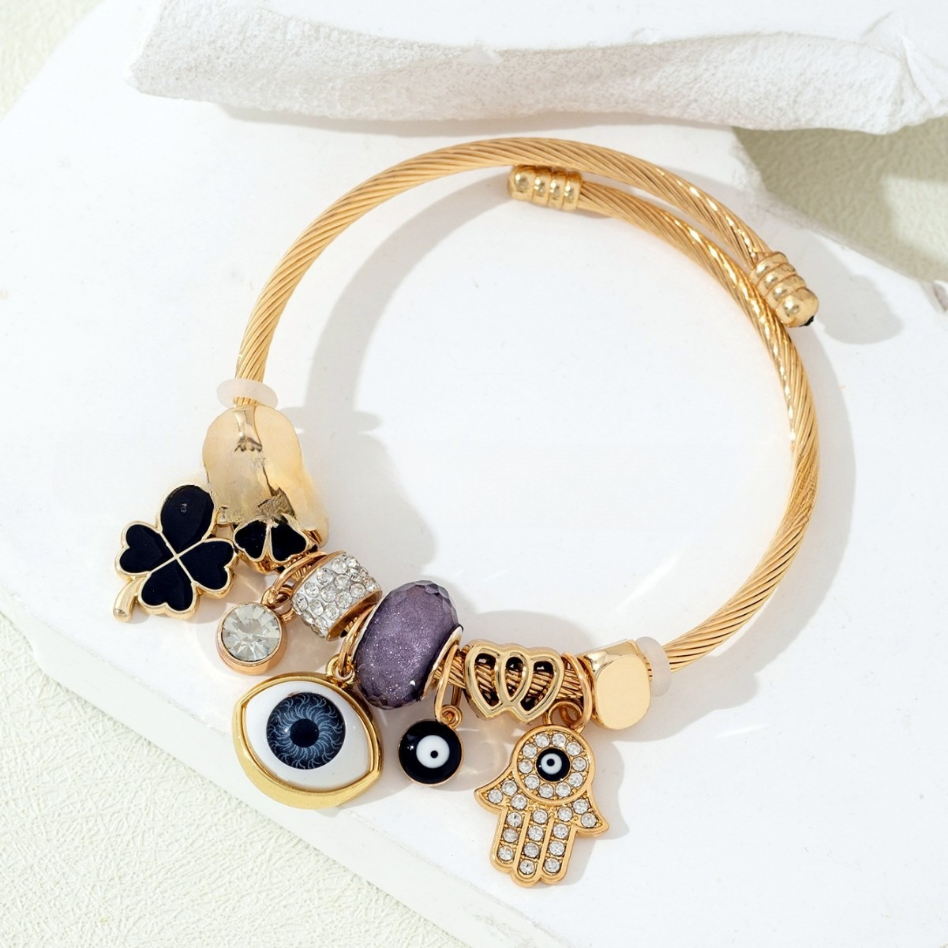 DIY Evil Eye Bracelet with Rhinestones, God's Hand, Four-Leaf Clover, and Heart Design