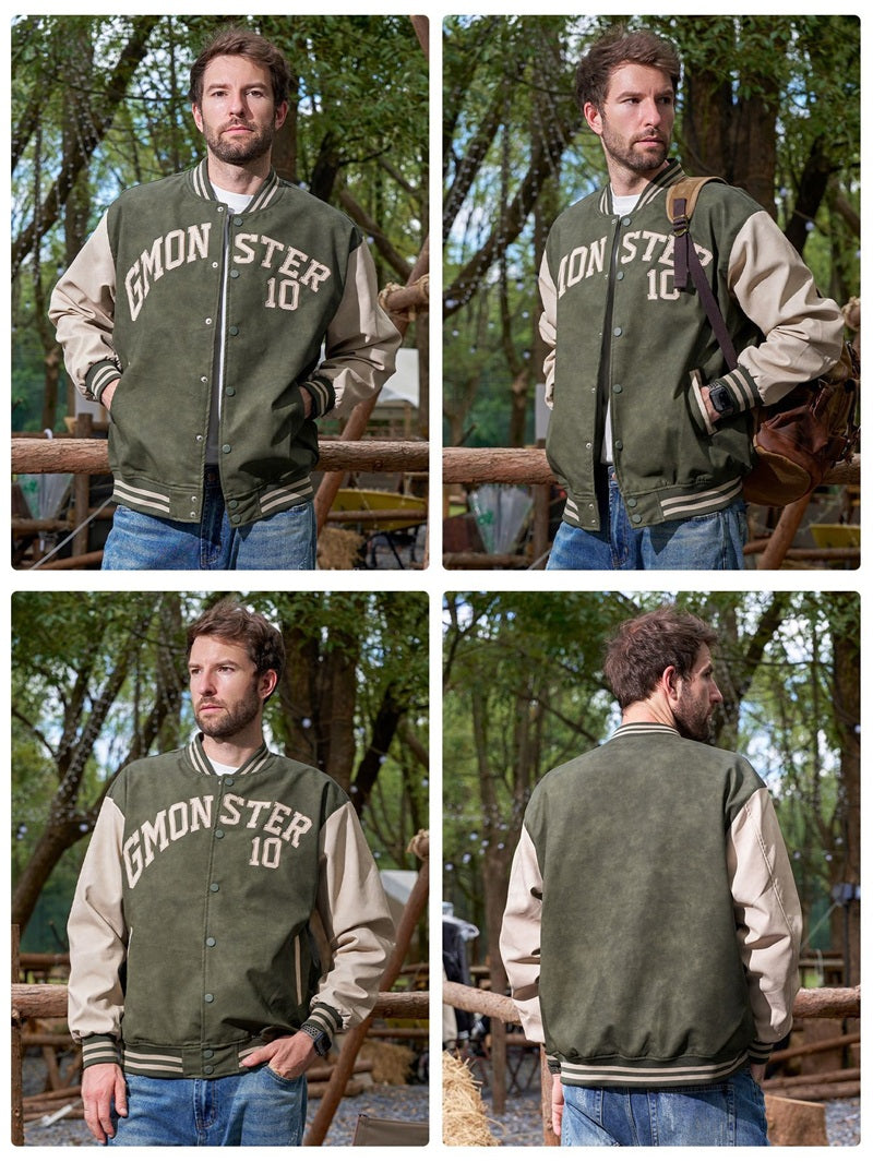 Autumn and winter men's vintage leather jacket, tie-dye embroidered aviator baseball jacket