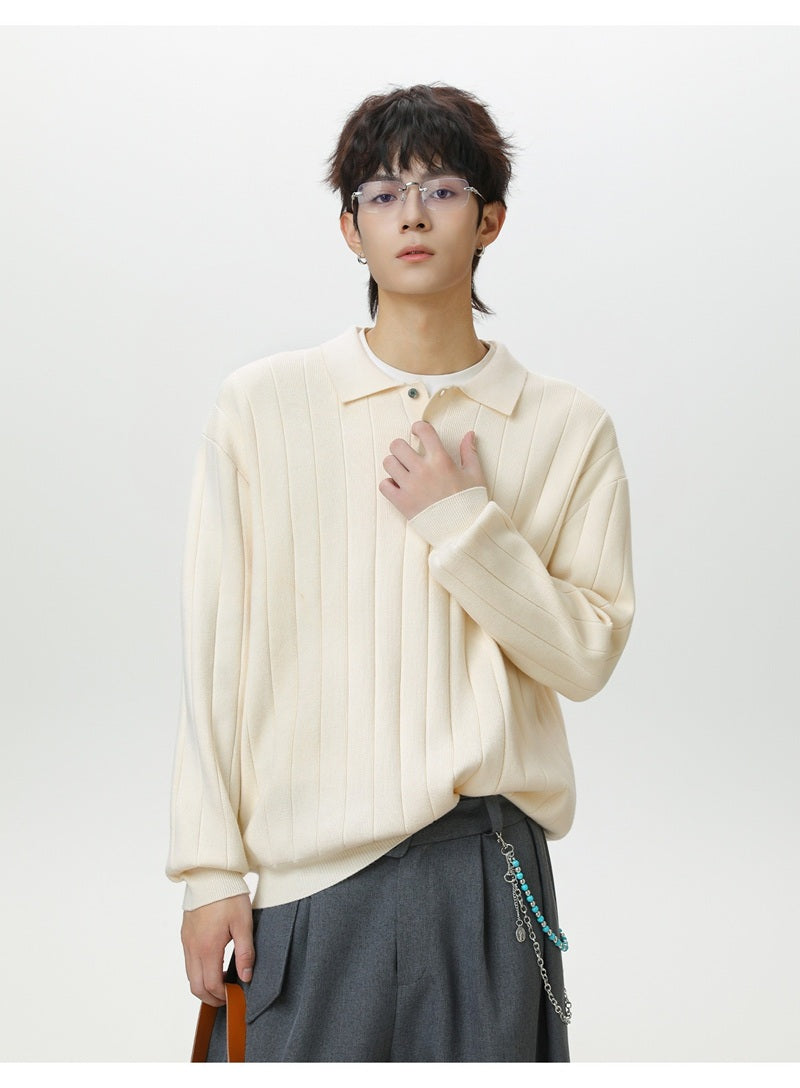 Autumn and winter solid color Polo knitwear, retro thickened long-sleeve T-shirt