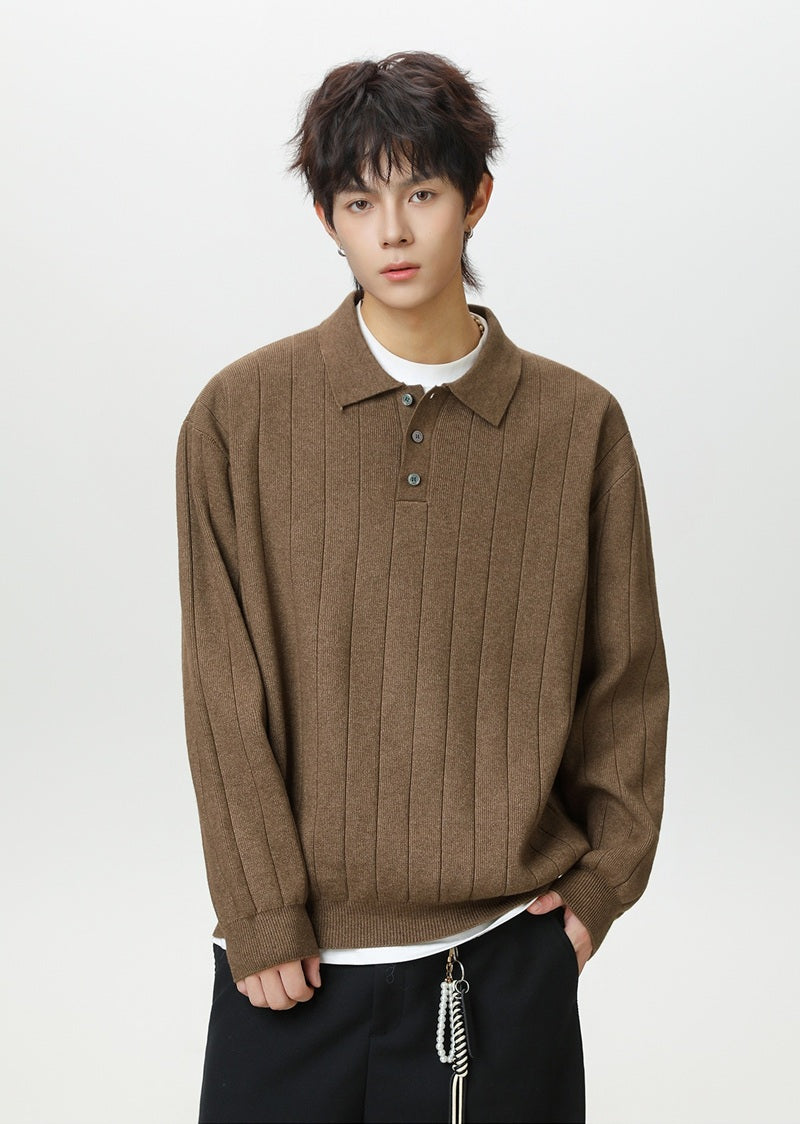 Autumn and winter solid color Polo knitwear, retro thickened long-sleeve T-shirt