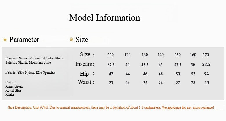 Minimalist Color Block Splicing Shorts, Mountain Style