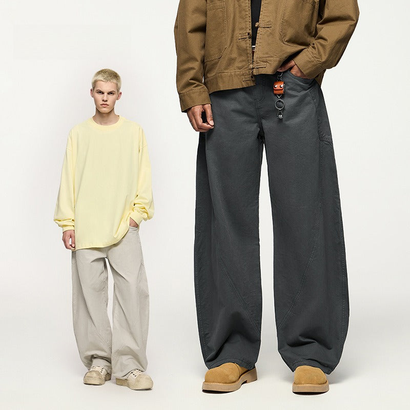 Men's Asut Dyed Curved Workwear Pants, Fall Cotton Vintage Boxy Fit Casual Trousers