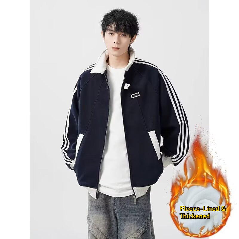 Unisex Three-Stripe Fleece-Lined Thick Casual Sweatshirt Jacket | Winter New
