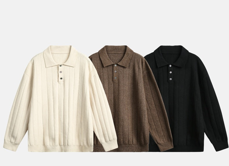 Autumn and winter solid color Polo knitwear, retro thickened long-sleeve T-shirt