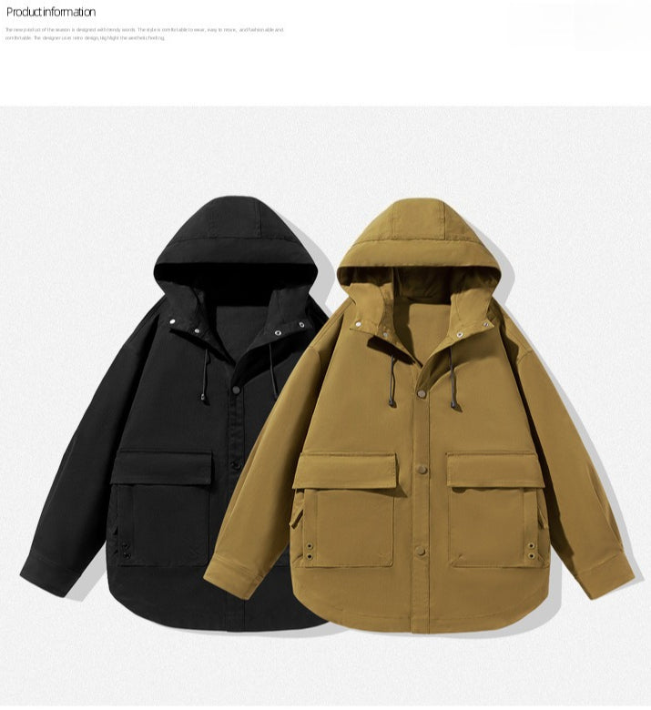 Spring and Autumn new men's sports loose stand-up collar jacket, multi-pocket hooded wear-resistant casual jacket, black/caramel optional