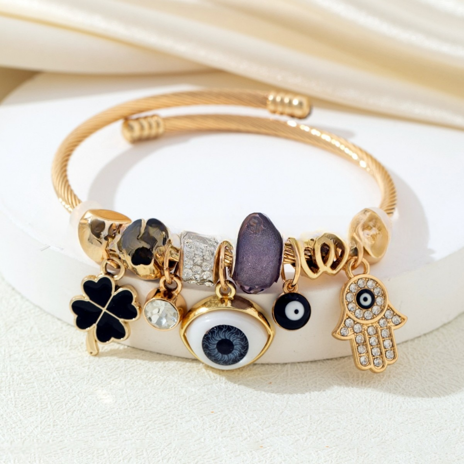 DIY Evil Eye Bracelet with Rhinestones, God's Hand, Four-Leaf Clover, and Heart Design