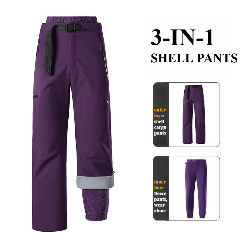 Unisex 3‑in‑1 Zip‑Off Hiking Pants, Detachable Fleece Lined Windproof Waterproof Outdoor Trousers