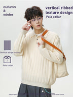 Autumn and winter solid color Polo knitwear, retro thickened long-sleeve T-shirt