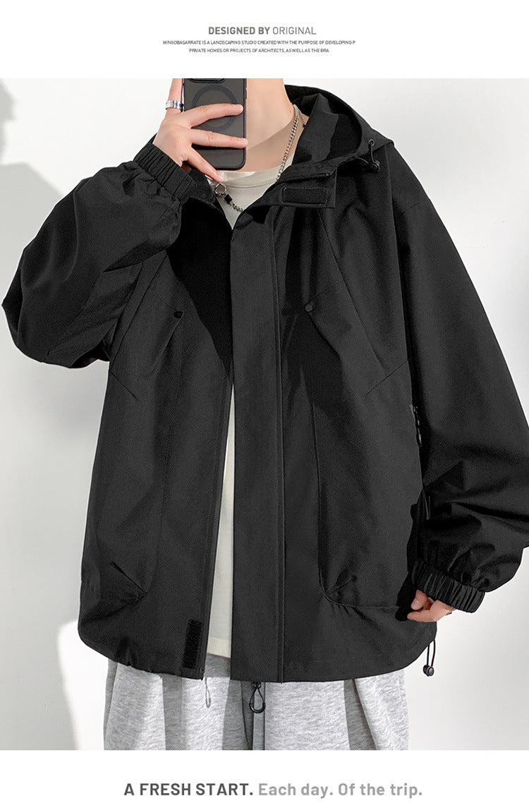 2025 new men's hooded jacket American casual large size tooling jacket top trendy
