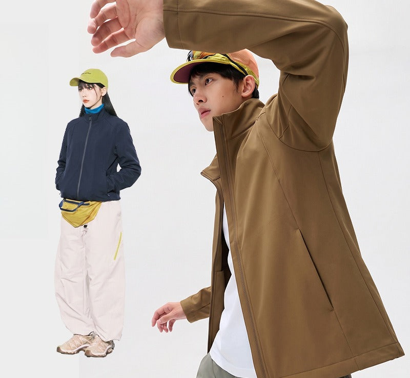 Men Women Stand‑Collar Softshell Jacket Lightweight Windproof Water Resistant Outdoor Business Coat