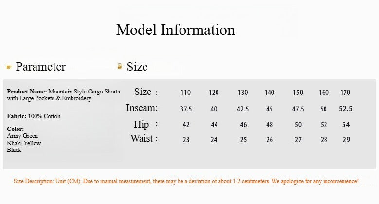 Mountain Style Cargo Shorts with Large Pockets & Embroidery