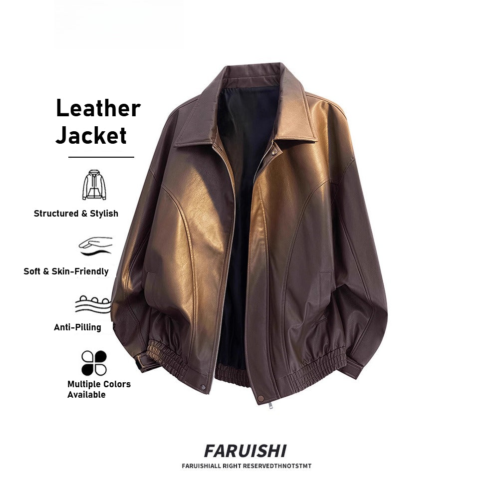 2025 new American retro brown locomotive leather jacket men's, Barn style ruffian handsome lapel jacket