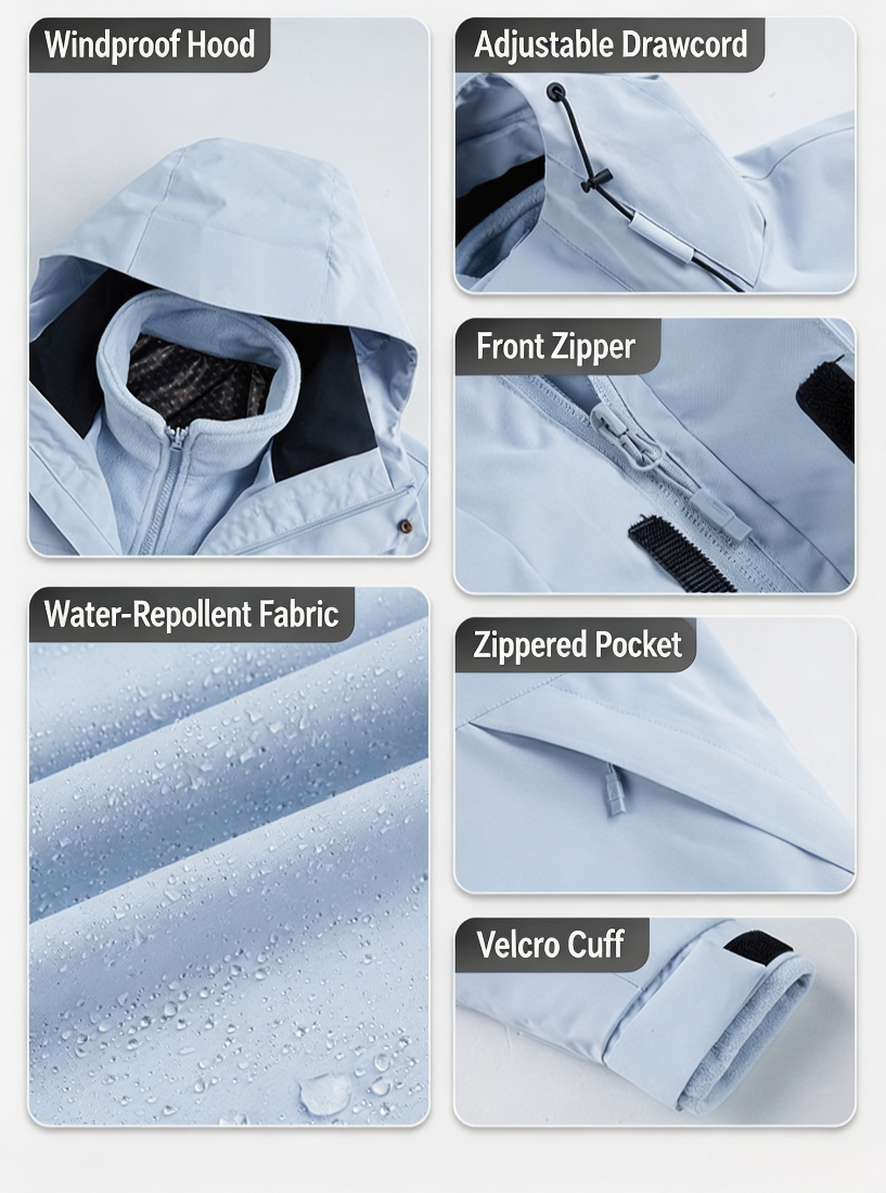3‑in‑1 Hooded Outdoor Jacket, Windproof Waterproof Warm for Hiking & Travel