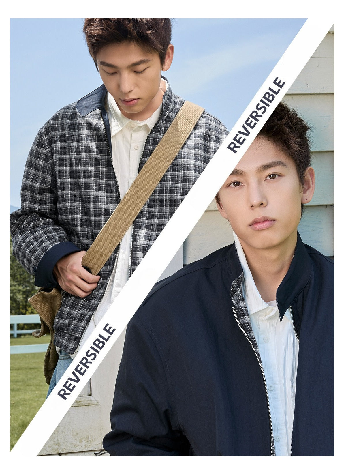 Double-sided retro plaid Harrington tooling jacket men's autumn trendy brand casual stand-up collar loose sports jacket