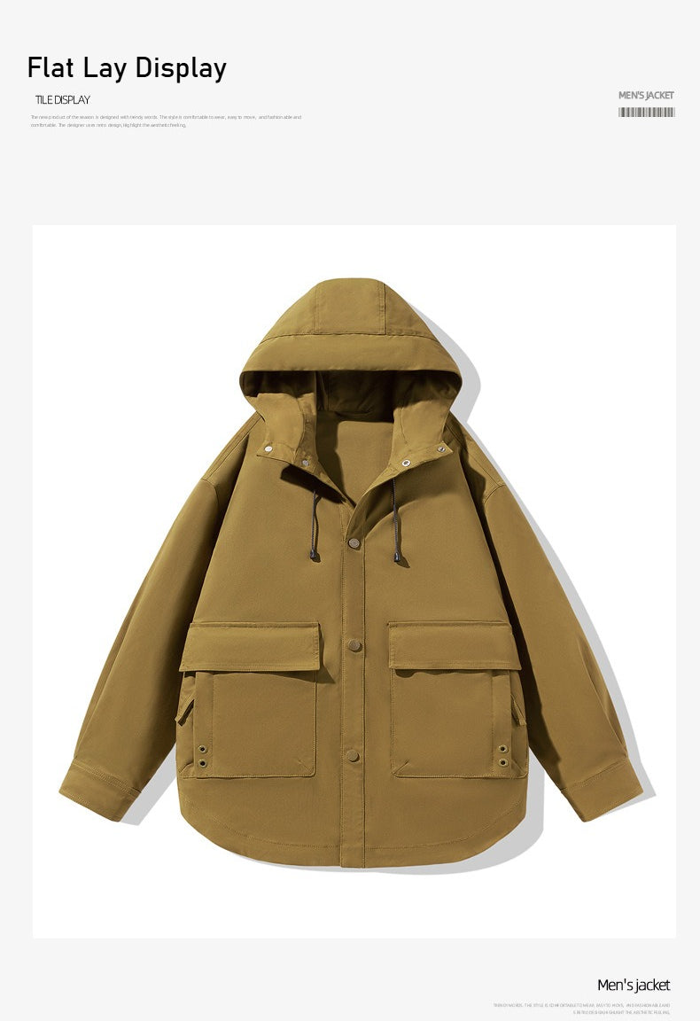 Spring and Autumn new men's sports loose stand-up collar jacket, multi-pocket hooded wear-resistant casual jacket, black/caramel optional