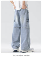 Men's American high street tooling jeans, retro loose straight wide-leg trousers, men's casual retro tooling trousers