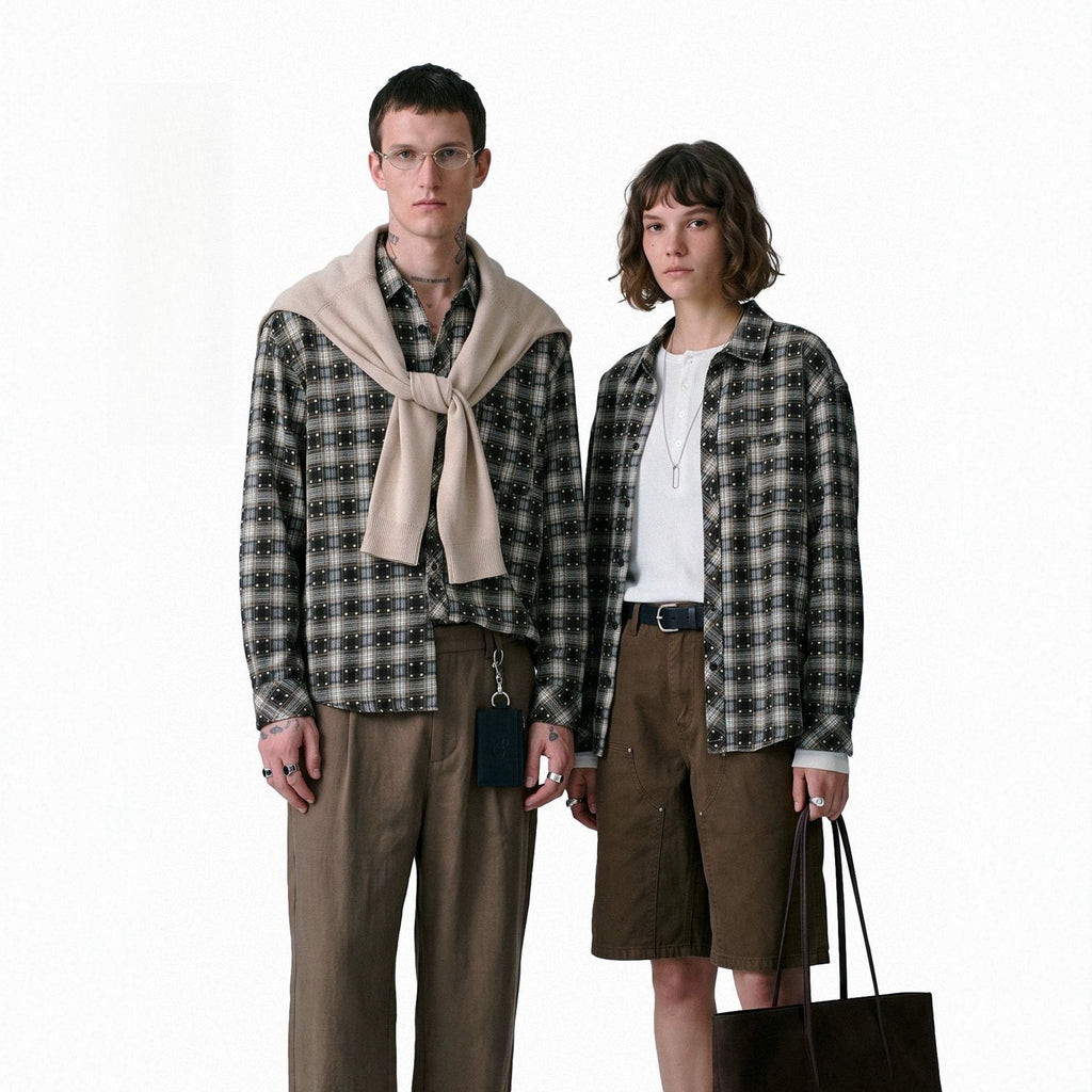 Lightweight plaid long-sleeve shirt-jacket with a small stand collar