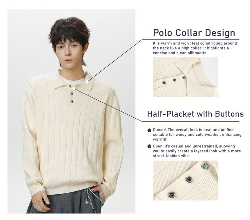 Autumn and winter solid color Polo knitwear, retro thickened long-sleeve T-shirt