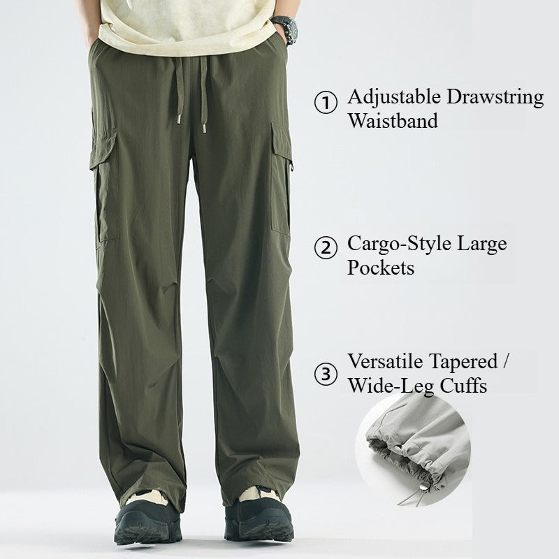 Men's Summer Thin Ice Silk Cargo Pants, Drawstring Cuffed Jogger Work Trousers