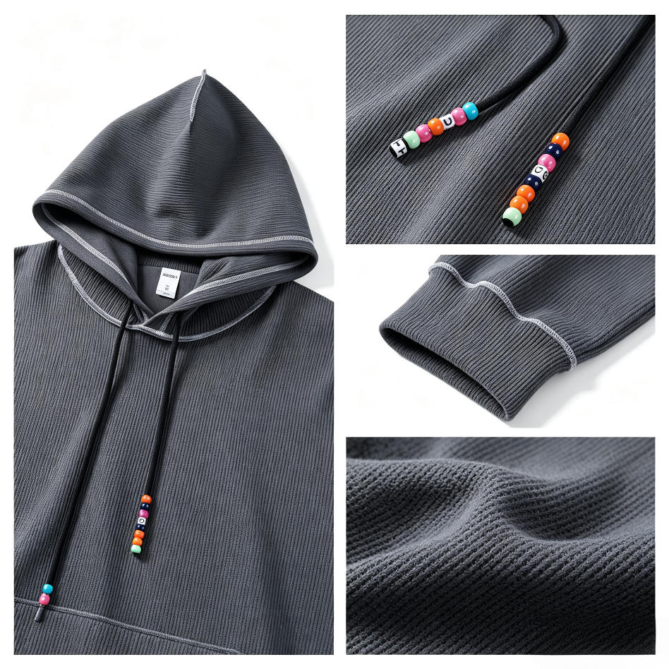 Color-block waffle-knit hoodie with beaded drawstring