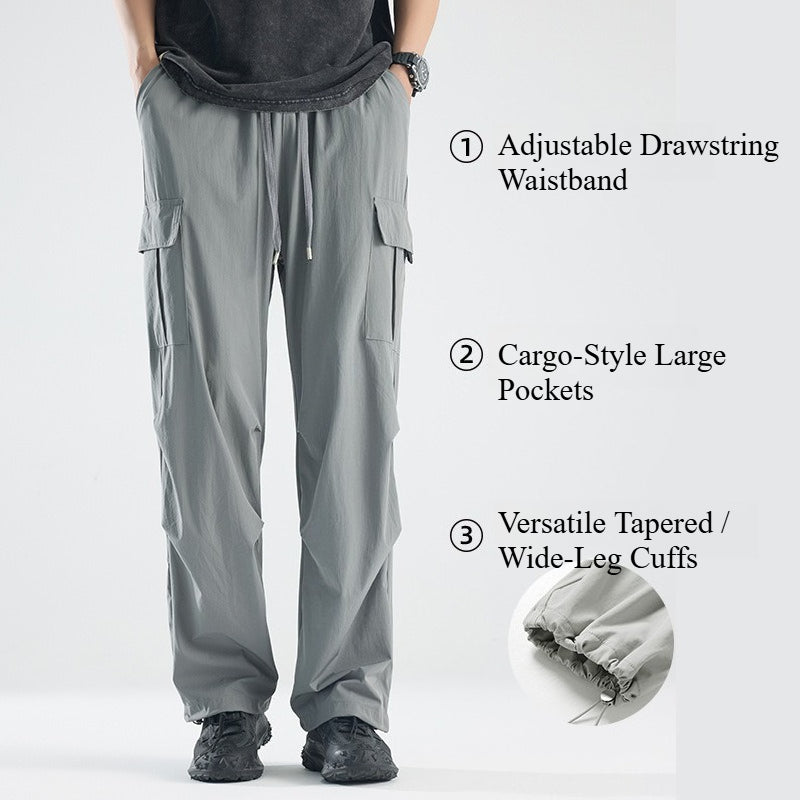 Men's Summer Thin Ice Silk Cargo Pants, Drawstring Cuffed Jogger Work Trousers
