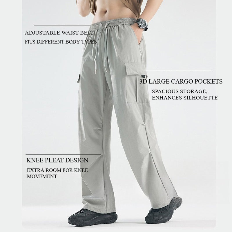 Men's Summer Thin Ice Silk Cargo Pants, Drawstring Cuffed Jogger Work Trousers