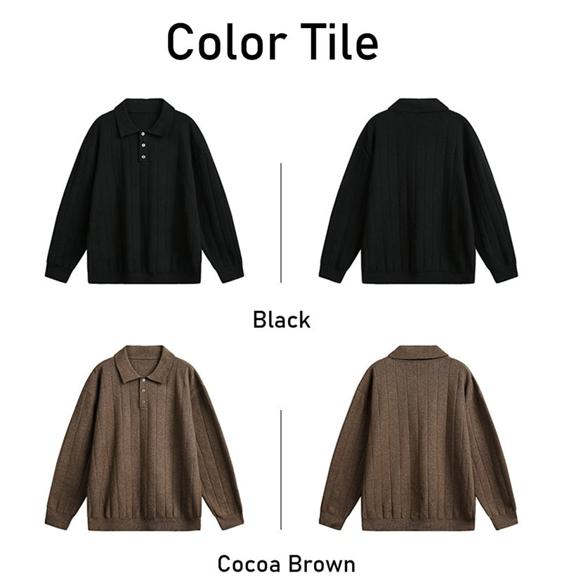 Autumn and winter solid color Polo knitwear, retro thickened long-sleeve T-shirt