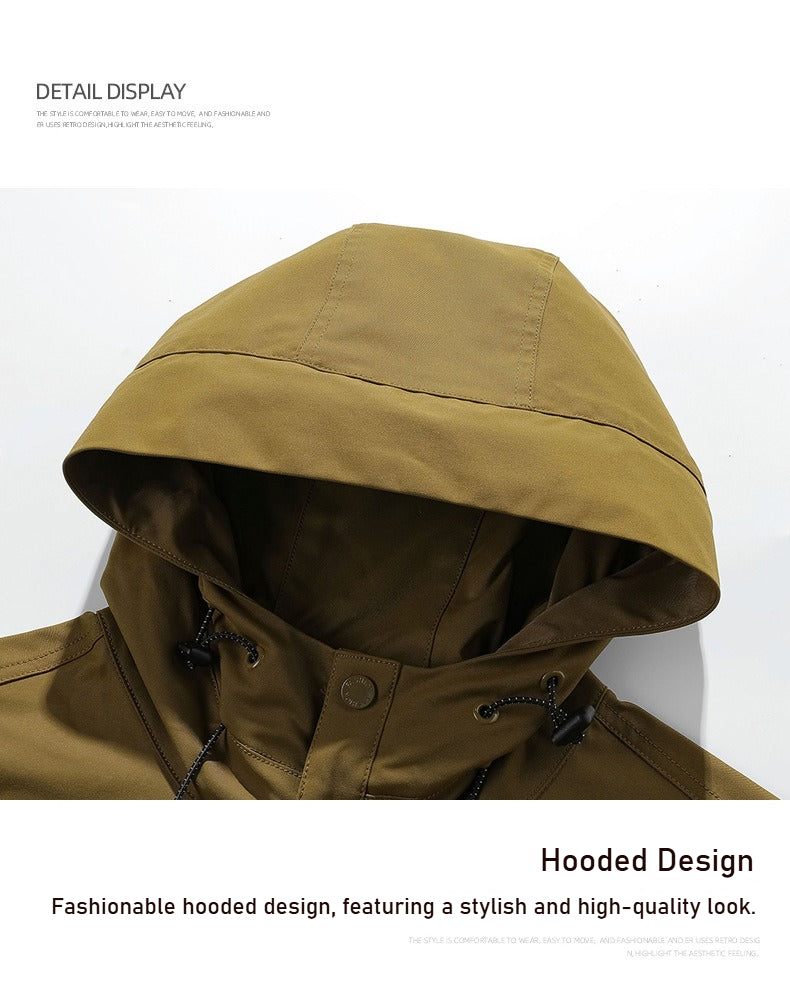 Spring and Autumn new men's sports loose stand-up collar jacket, multi-pocket hooded wear-resistant casual jacket, black/caramel optional