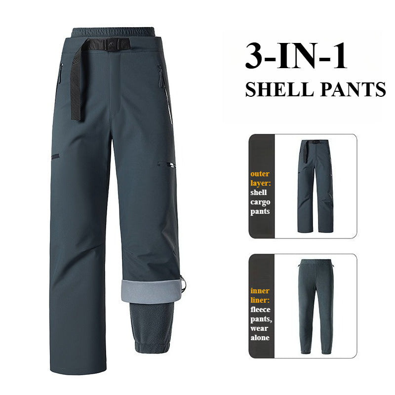 Unisex 3‑in‑1 Zip‑Off Hiking Pants, Detachable Fleece Lined Windproof Waterproof Outdoor Trousers