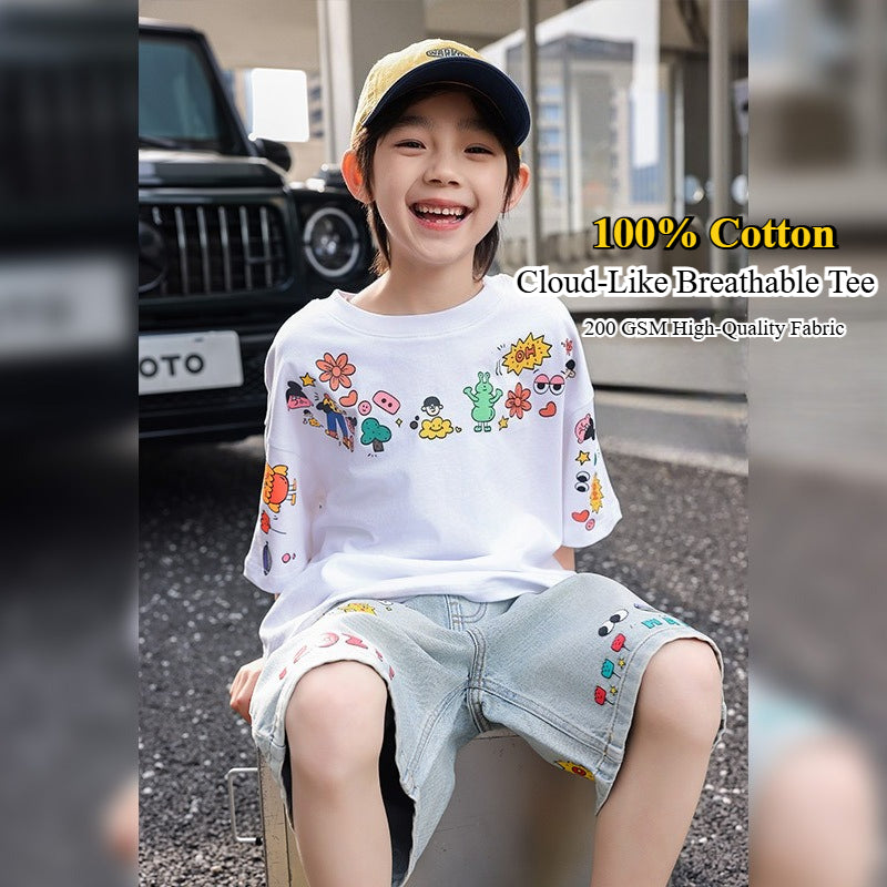 Boys Cartoon Print Short Sleeve Cotton T-Shirt