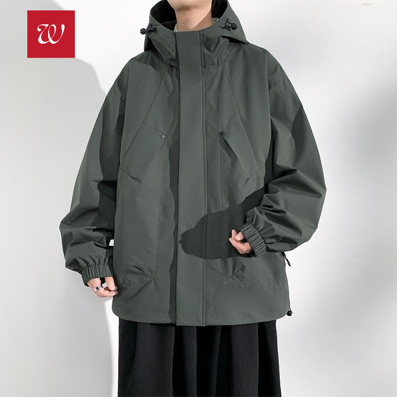 2025 new men's hooded jacket American casual large size tooling jacket top trendy