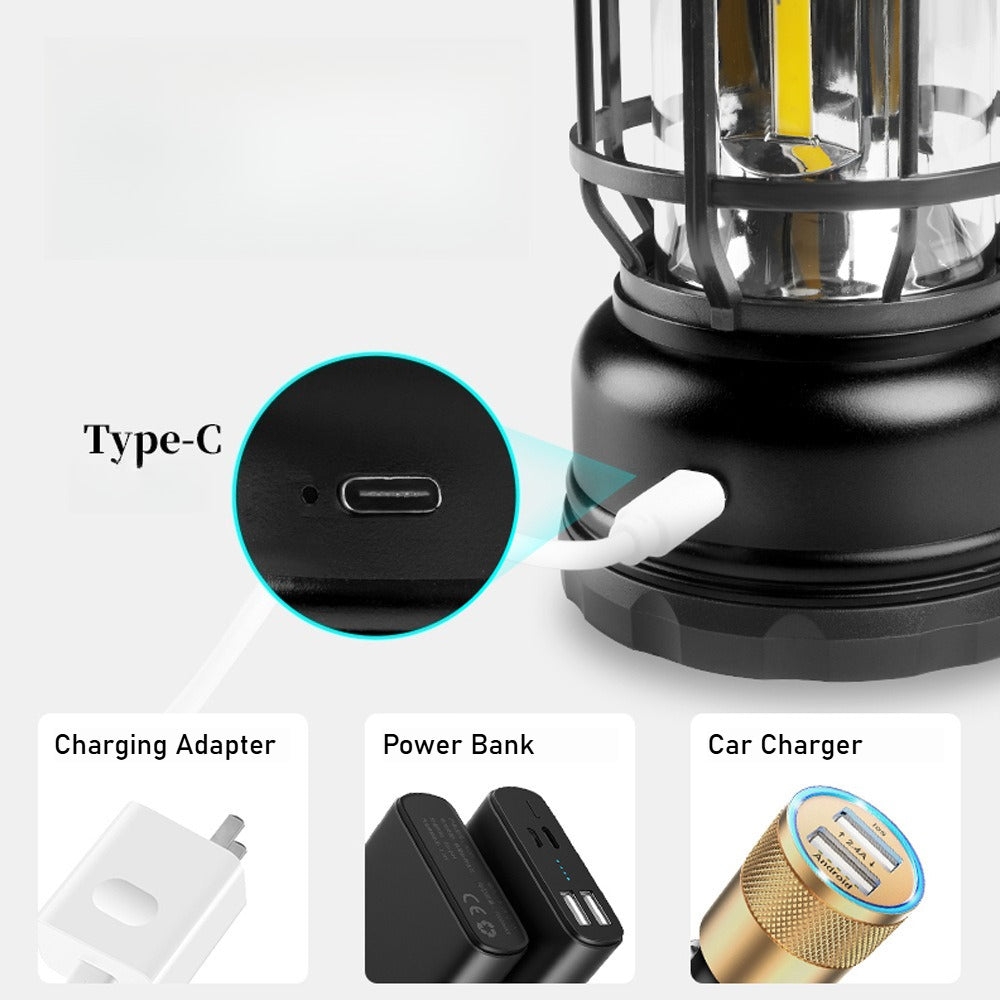 Portable Handheld Multi-Functional LED Camping Lantern - Outdoor Tent, Type-C Rechargeable Vintage