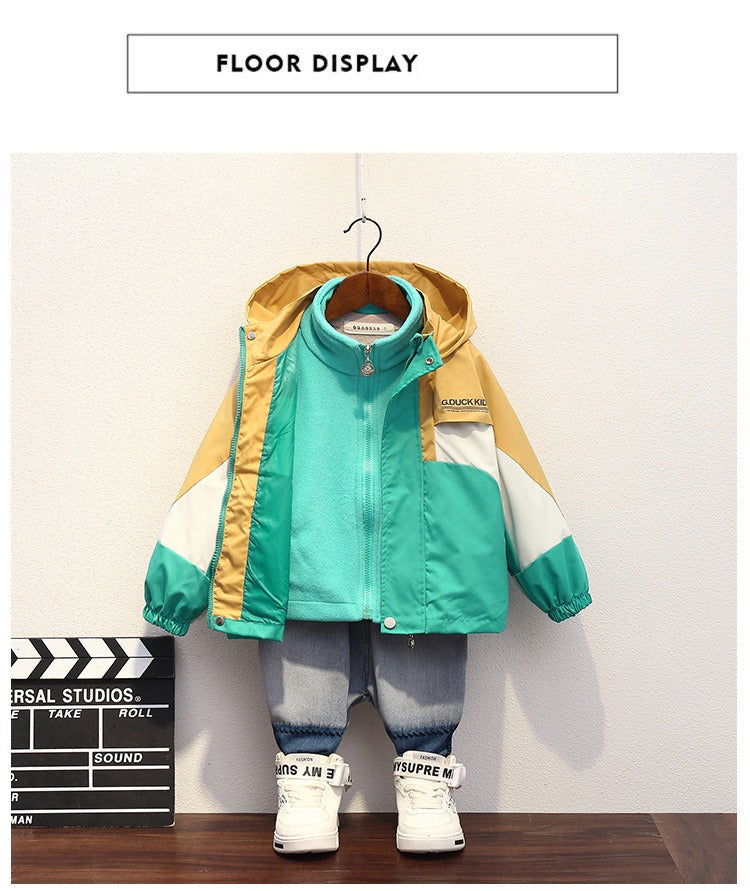 Children's jacket two-piece set of 3-8 year old children's windproof and waterproof jacket, spring and autumn hiking camping clothing, navy blue/green optional