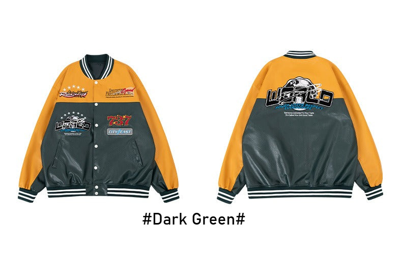 Men's loose PU leather baseball jacket | Cross-border European and American locomotive style faux leather cardigan jacket, motorcycle riding trendy and cool top