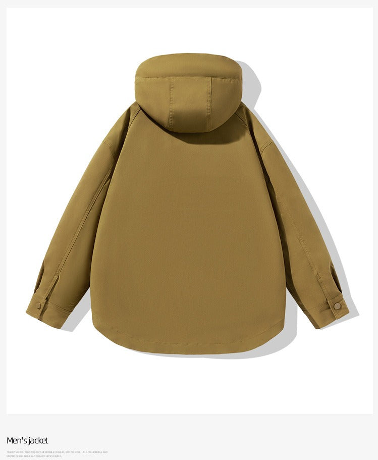 Spring and Autumn new men's sports loose stand-up collar jacket, multi-pocket hooded wear-resistant casual jacket, black/caramel optional