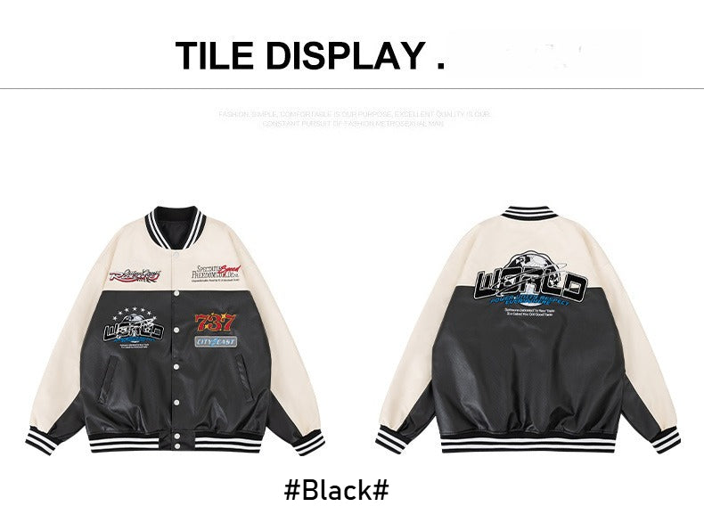 Men's loose PU leather baseball jacket | Cross-border European and American locomotive style faux leather cardigan jacket, motorcycle riding trendy and cool top