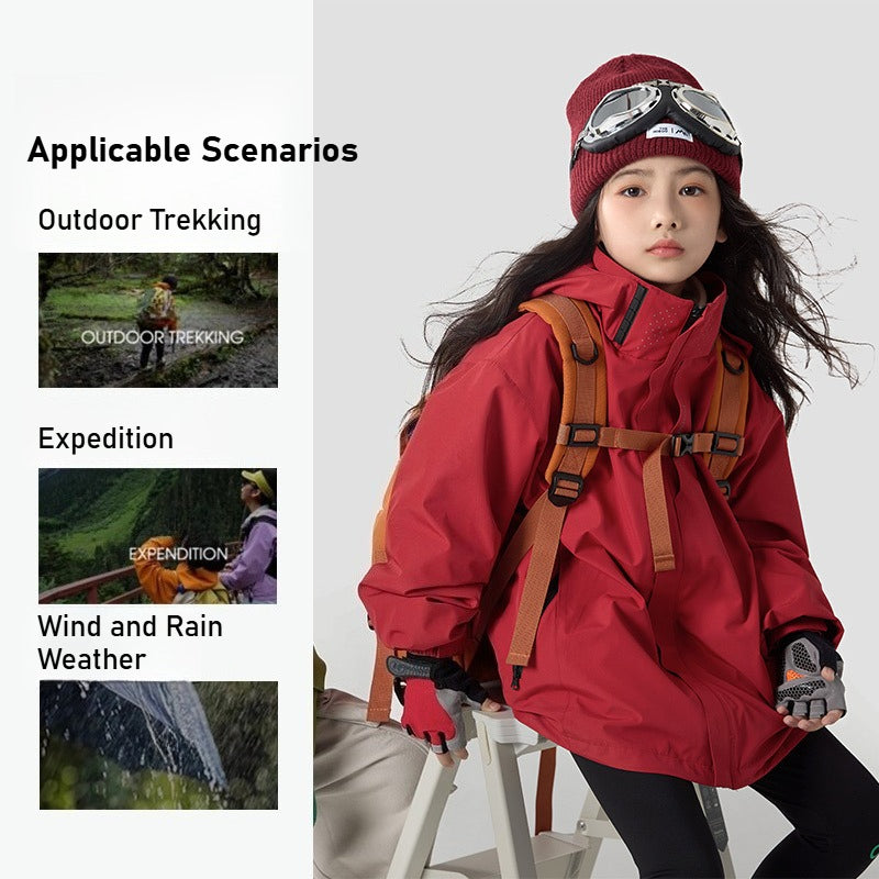 Middle-aged and older children's three-in-one jacket, removable fleece liner, windproof, waterproof and wear-resistant, special for skiing, hiking and camping