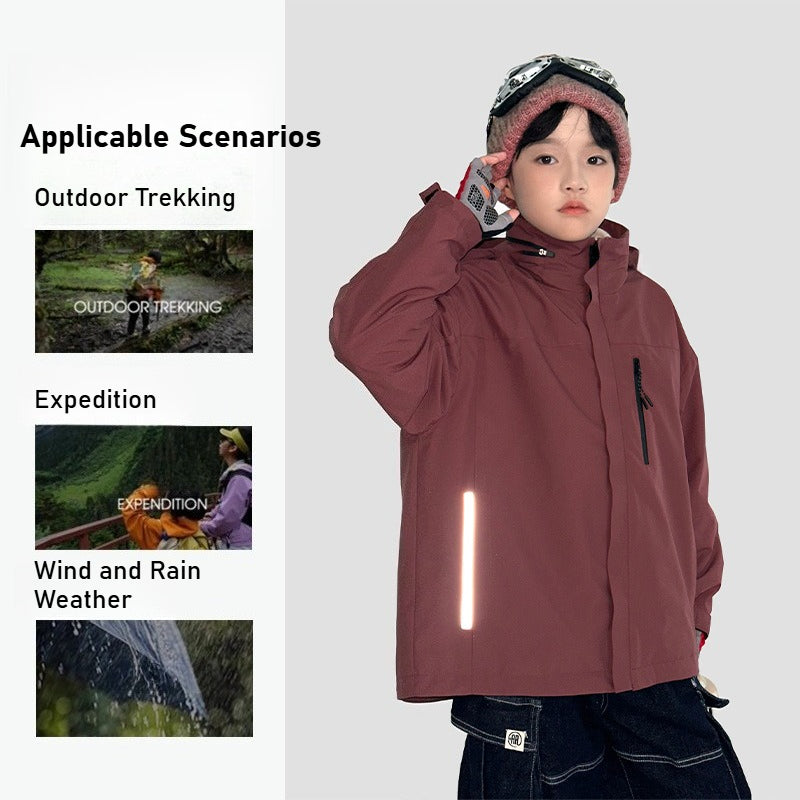 Middle-aged and older children's three-in-one jacket, removable fleece liner, windproof, waterproof and wear-resistant, special for skiing, hiking and camping