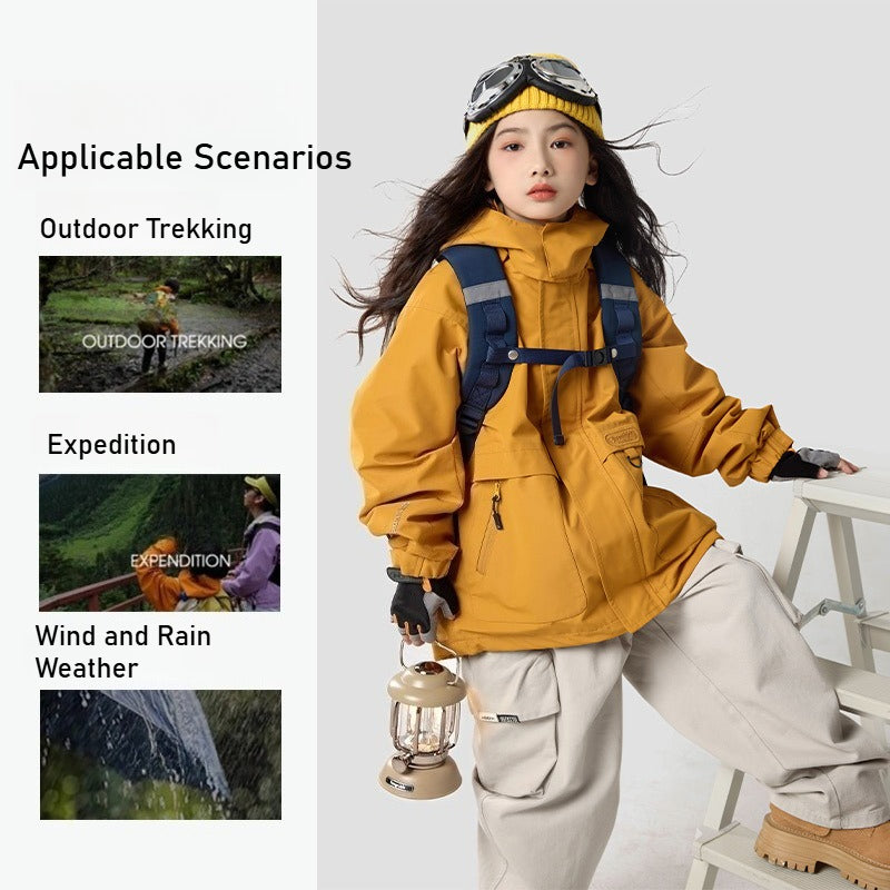 Middle-aged and older children's three-in-one jacket, removable fleece liner, windproof, waterproof and wear-resistant, special for skiing, hiking and camping