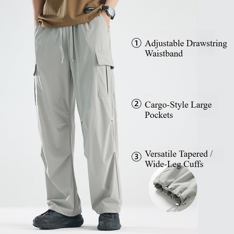 Men's Summer Thin Ice Silk Cargo Pants, Drawstring Cuffed Jogger Work Trousers