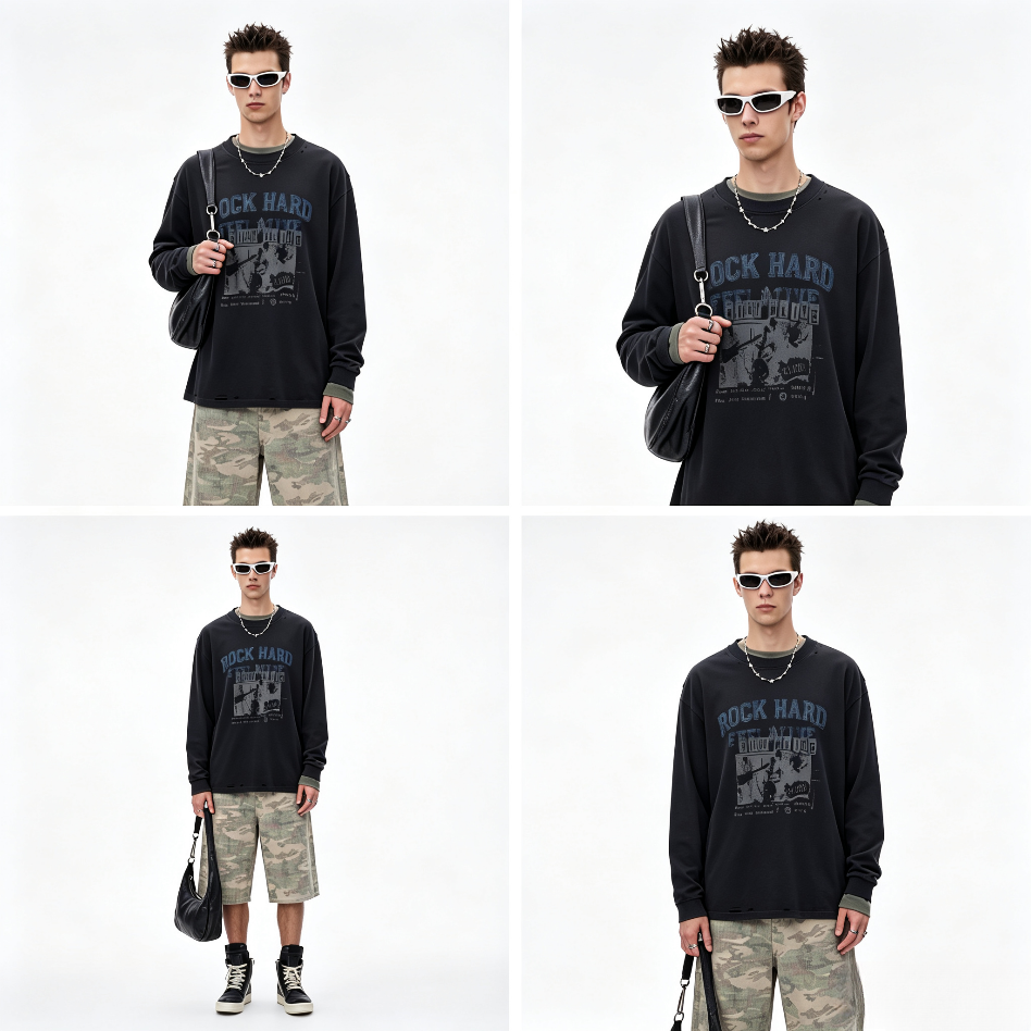 Long-sleeve T-shirt with vintage wash, dip-dye, and print.