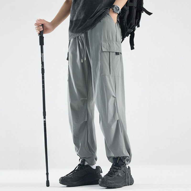 Men's Summer Thin Ice Silk Cargo Pants, Drawstring Cuffed Jogger Work Trousers