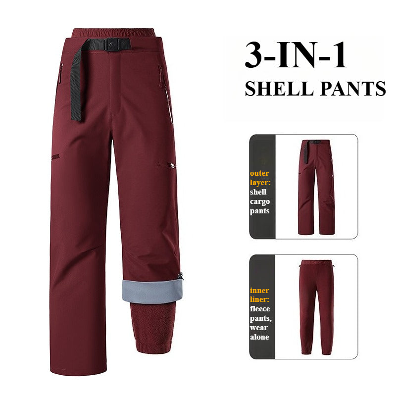 Unisex 3‑in‑1 Zip‑Off Hiking Pants, Detachable Fleece Lined Windproof Waterproof Outdoor Trousers