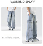 Men's American high street tooling jeans, retro loose straight wide-leg trousers, men's casual retro tooling trousers